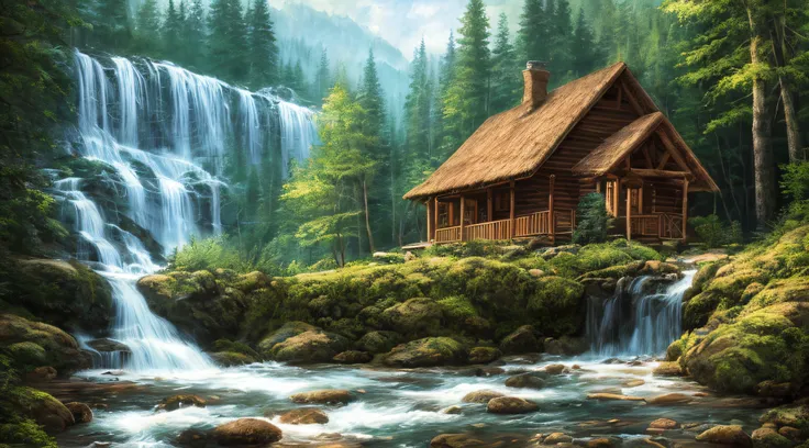 painting of a cabin in a mountain stream with a waterfall, 4 k oil painting, beautiful oil matte painting, oil painting 4 k, oil...