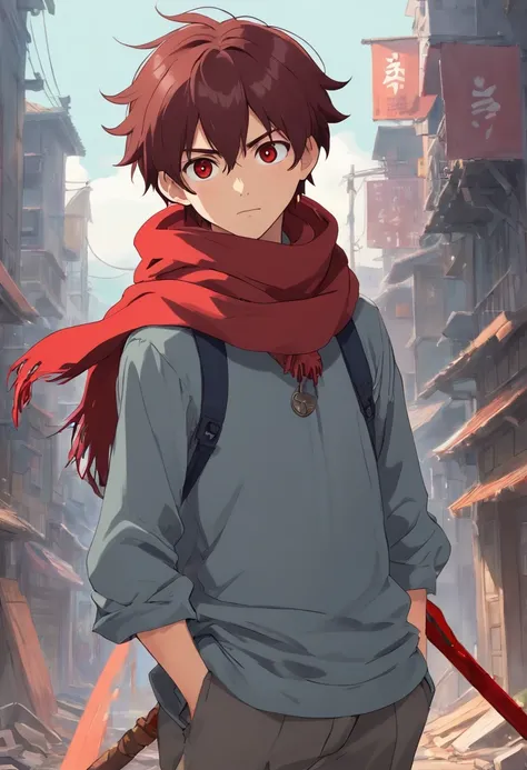 A young man of 17 years with dark red hair very messy black eyes a gray apocalypse-style long-sleeved blouse a scarf with a long gray pants with a tired and lazy look with a scar on his face a relaxed posture holding only a red two-handed scythe