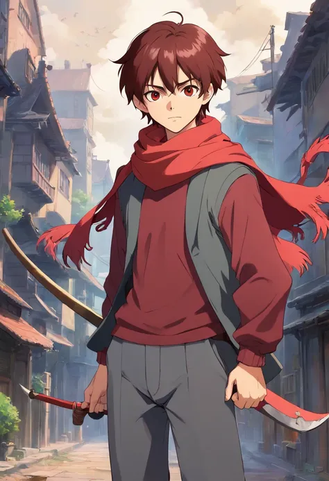 A young man of 17 years with dark red hair very messy black eyes a gray apocalypse-style long-sleeved blouse a scarf with a long gray pants with a tired and lazy look with a scar on his face a relaxed posture holding only a red two-handed scythe