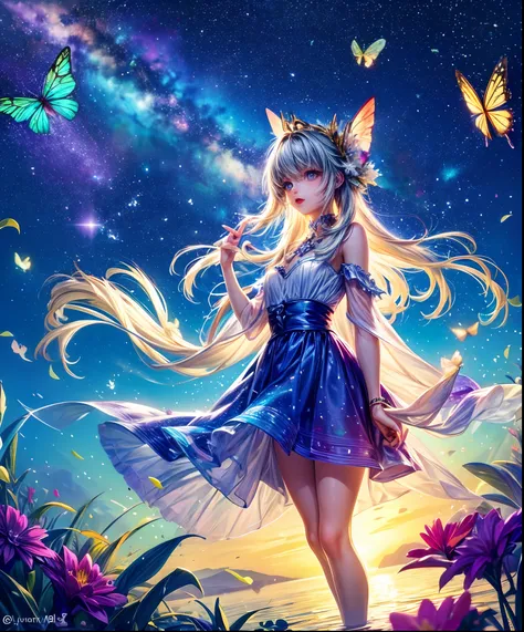 Cute girl character、Describes a scene with grassy butterflies lying on the water flying around, Looking up at the starry sky. Surround her with colorful nebulae and her favorite constellations.