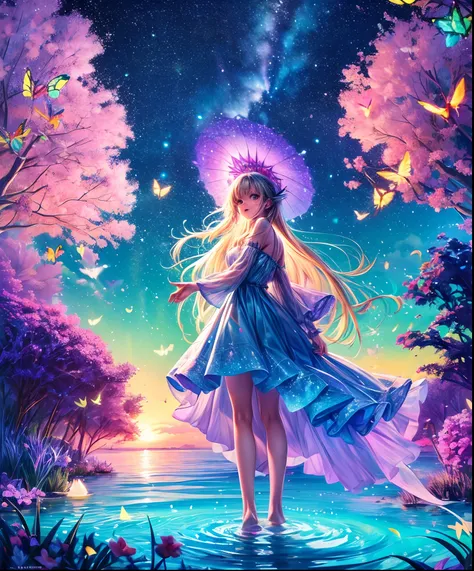 Cute girl character、Describes a scene with grassy butterflies lying on the water flying around, Looking up at the starry sky. Surround her with colorful nebulae and her favorite constellations.