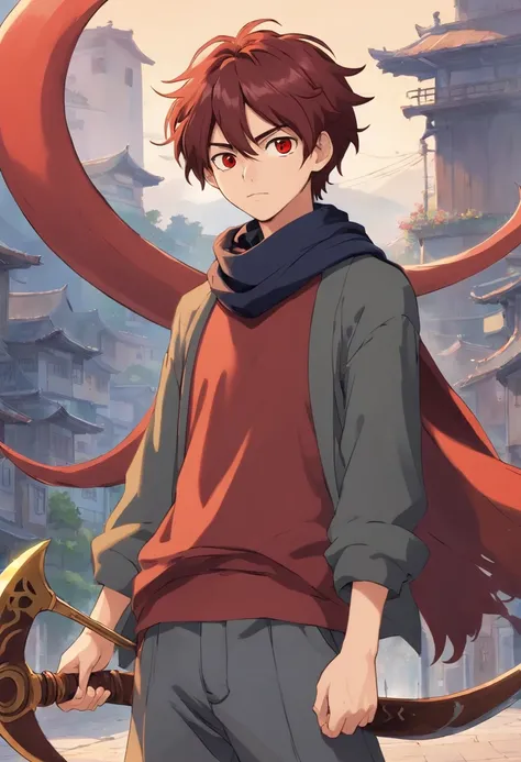 A young 17-year-old man with messy dark red hair, black eyes, a gray apocalypse-style long-sleeved blouse, a scarf with a long gray pants, looking tired and lazy, with a scar on his face, a relaxed posture holding only a two-handed scythe;