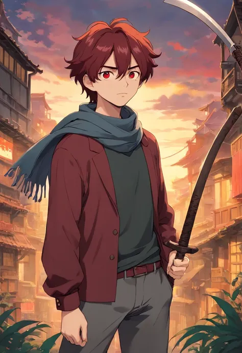 A young 17-year-old man with messy dark red hair, black eyes, a gray apocalypse-style long-sleeved blouse, a scarf with a long gray pants, looking tired and lazy, with a scar on his face, a relaxed posture holding only a two-handed scythe;