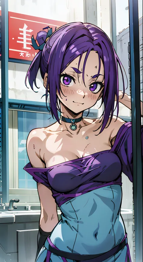 masutepiece, Best Quality, Ultra-detailed, Off-the-shoulder clothing, Colorful,Up-close, Hyper-detailing,purple color hair, Reo Mikage, Blue Lock, no sleeves, Camisole, Blue Camisole, Cheongsam, chinese clothes, Chest exposure, Underwear, Metamorphosis is...