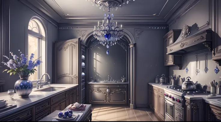 best qualtiy，tmasterpiece，超高分辨率，（photograph realistic：1.4）， spacious，a detailed，silver sapphire ai kitchen