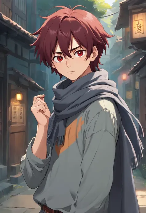 A young man of 17 years with dark red hair very messy black eyes a long sleeve blouse gray apocalypse style a scarf with a long gray pants with a look of tired and lazy with a scar on his face a relaxed posture holding Kusarigama