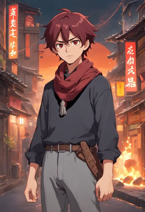 A young man of 17 years with dark red hair very messy black eyes a long sleeve blouse gray apocalypse style a scarf with a long gray pants with a look of tired and lazy with a scar on his face a relaxed posture holding Kusarigama