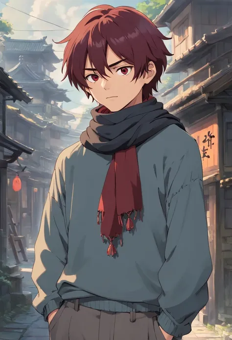 A young man of 17 years with dark red hair very messy black eyes a long sleeve blouse gray apocalypse style a scarf with a long gray pants with a look of tired and lazy with a scar on his face a relaxed posture holding Kusarigama