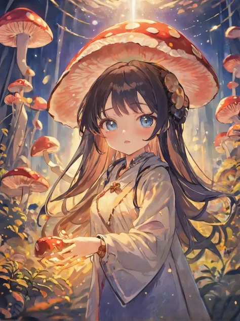 masterpiece, best quality, chibi young woman, shiny blue eyes, (detailed pupils:1.2), beautiful light black hair, streaked hair, multi color mushroom, medium hair, perfect face, detailed, (mushroom on head :1.3), full body, soft color palette, depth of fie...