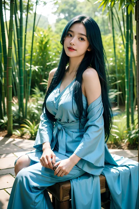 masterpiece, best quality, 8k, Very detailed, 1 girl, blue hair, long-haired, detailed eyes, Gump Forest, Bare shoulders, hanfu, large boobs, lakes, Soft smile, bamboo, close-up face,