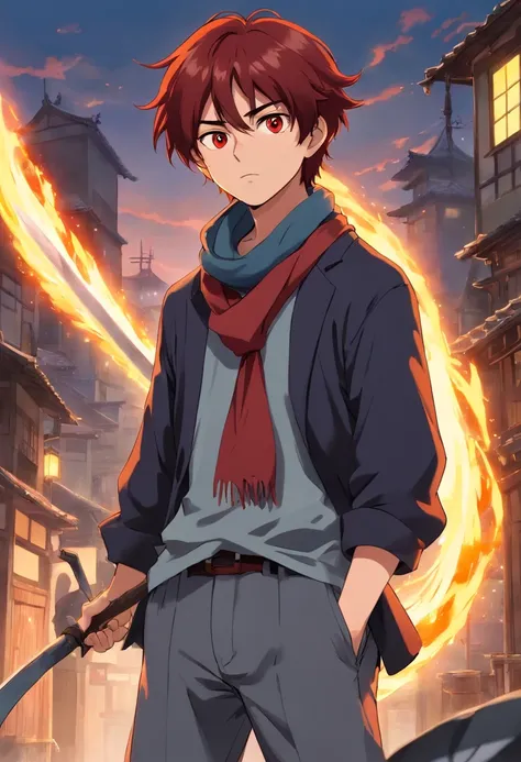 A young 17-year-old man with messy dark red hair, black eyes, an apocalypse-style gray long-sleeved blouse, a scarf with a long gray pants, looking tired and lazy, with a scar on his face, a relaxed posture holding a ninja scythe;