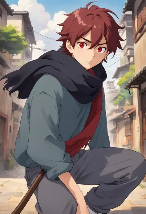 A young 17-year-old man with messy dark red hair, black eyes, an apocalypse-style gray long-sleeved blouse, a scarf with a long gray pants, looking tired and lazy, with a scar on his face, a relaxed posture holding a ninja scythe;