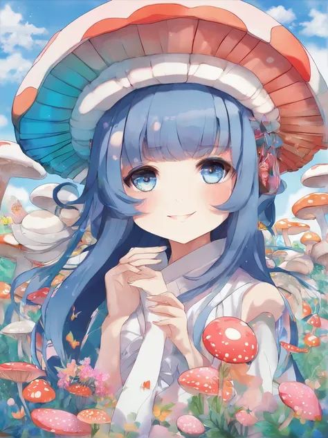 masterpiece, best quality, chibi young woman, shiny blue eyes, (detailed pupils:1.2), beautiful light black hair, streaked hair, multi color mushroom, medium hair, perfect face, detailed, (mushroom on head :1.3), full body, soft color palette, depth of fie...