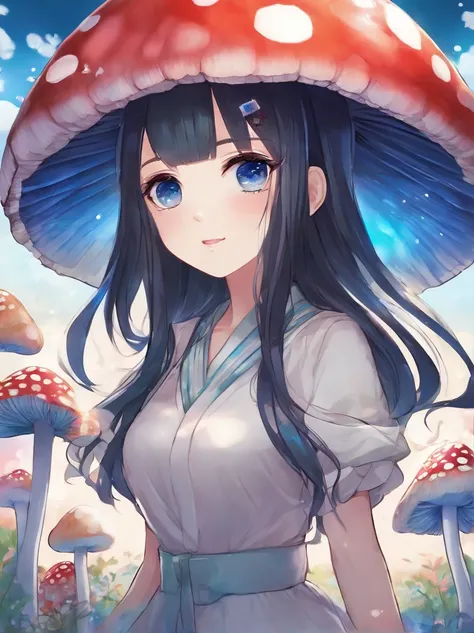 masterpiece, best quality, chibi young woman, shiny blue eyes, (detailed pupils:1.2), beautiful light black hair, streaked hair, multi color mushroom, medium hair, perfect face, detailed, (mushroom on head :1.3), full body, soft color palette, depth of fie...