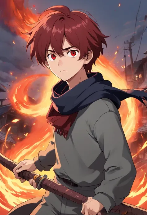 A young 17-year-old man with messy dark red hair, black eyes, a gray apocalypse-style long-sleeved blouse, a scarf with a long gray pants with a tired and lazy look with a scar on his face, a relaxed posture holding a lava scythe.