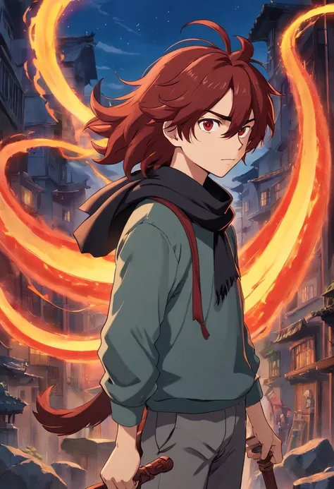 A young 17-year-old man with messy dark red hair, black eyes, a gray apocalypse-style long-sleeved blouse, a scarf with a long gray pants with a tired and lazy look with a scar on his face, a relaxed posture holding a lava scythe.