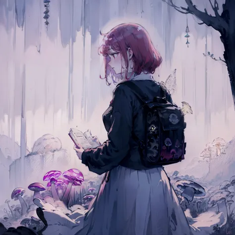 Beautiful and aesthetic,, Solo,Cute,Red hair,pleatedskirt，Dance，Cogumelos，Mushrooms，Huge mushrooms，spore，(glowing ambiance, enchanting glow, luminouslighting, Ethereal atmosphere,Watercolor illustration, Perfect anatomy, Masterpiece, Best quality, 1girll, ...