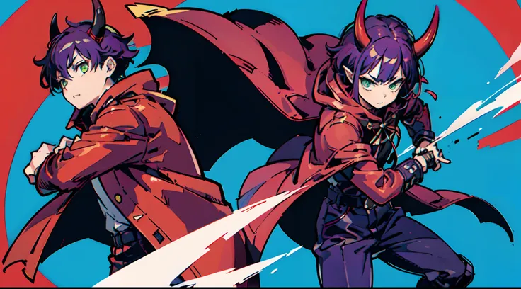 top-quality、​masterpiece、((Deformed))、Boy with short purple hair、Green eyes、demonic horns、red cloak、Composition that reflects the whole body、combat pose、Thumbnail image、Only one person、Blue background