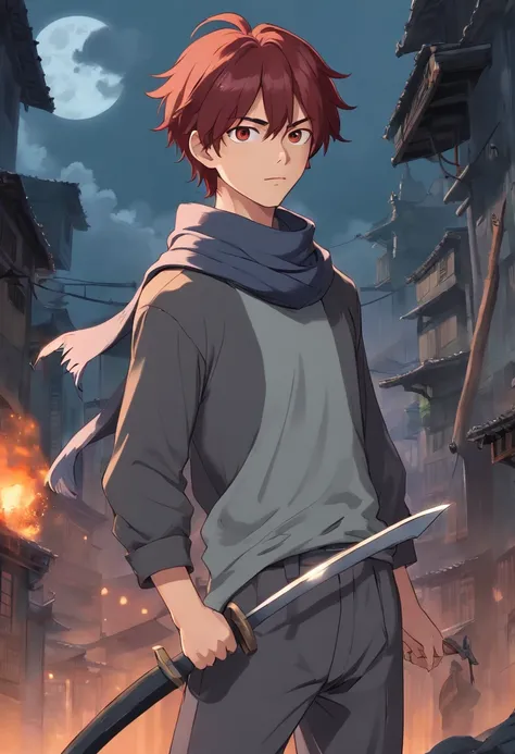 A young man of 17 years with medium dark red hair very messy black eyes a gray apocalypse-style long-sleeved blouse a scarf with a long gray pants with tired and lazy look with a scar on his face a relaxed posture holding a ninja scythe