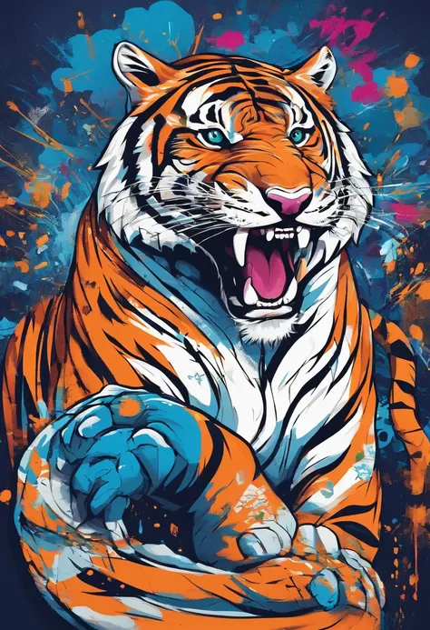 um personagem para desenho sendo um ((tigre branco)) , usando uma ((camisa azul)), smiling and with open arms, para desenhos animados