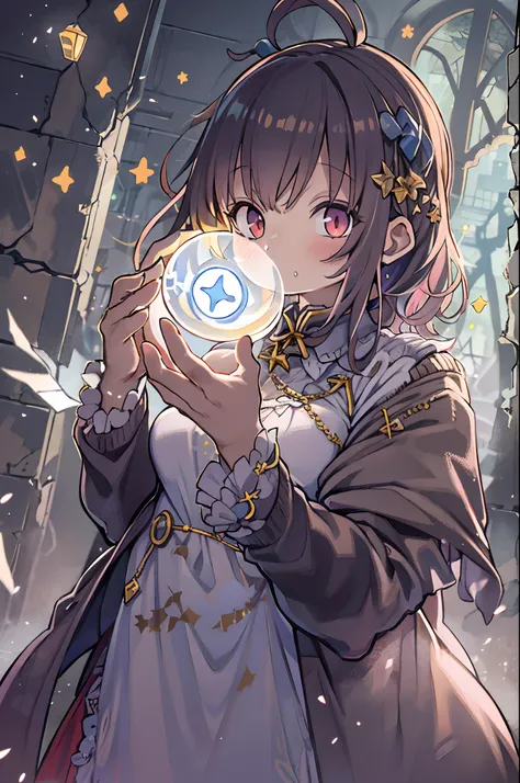 Young magician shining with a ball of light floating in his hand,  In the ruins、1girl in