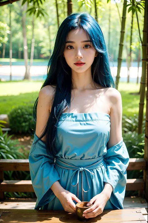 masterpiece, best quality, 8k, Very detailed, 1 girl, blue hair, long-haired, detailed eyes, Gump Forest, Bare shoulders, hanfu, lakes, Soft smile, bamboo, tea, close up face,