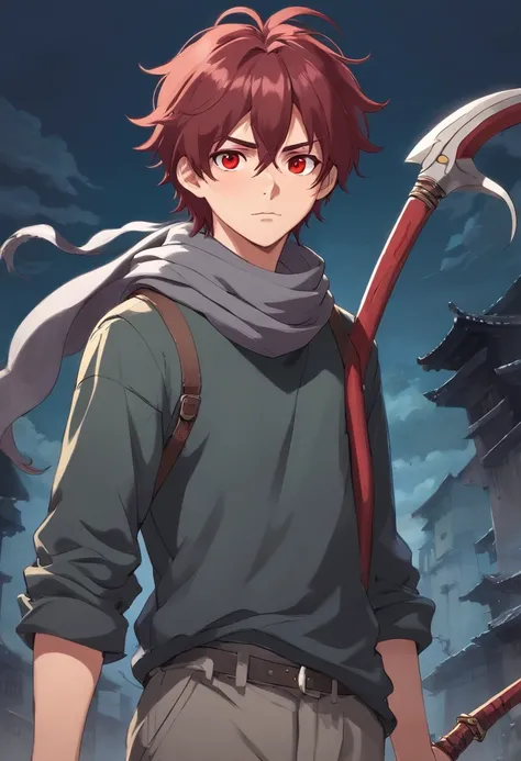 A young man of 17 years with medium dark red hair very messy with black horns very dark red eyes a long sleeve gray apocalypse style blouse a scarf with a long gray pants look tired and lazy with a scar on his face a relaxed posture holding a ninja scythe