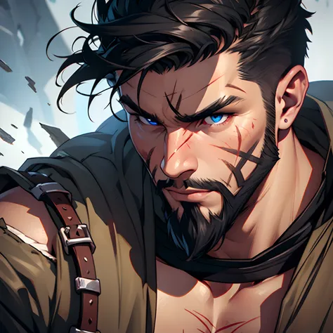 Viking Berserker. Dark Black Hair. Huge scar in his eye. Short Hair