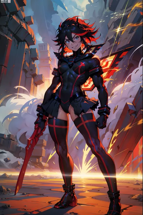 Anime, ryoko matoi,flying through the sky with black angel wings, golden leotard armor, In Battle, Chaos, shooting laser beams from hands, masterpiece ,pantyhose, boots,magicagirl body suit, large skirt, smile, long skirt,standing,smile forest,smile, full ...