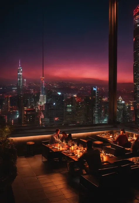 Skyscraper rooftop lunch dining cyberpunk night view neon lights big city top quality masterpiece ultra high definition