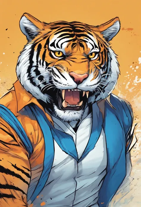 um personagem para desenho sendo um ((tigre branco)) , usando uma ((camisa azul)), smiling and with open arms, para desenhos animados