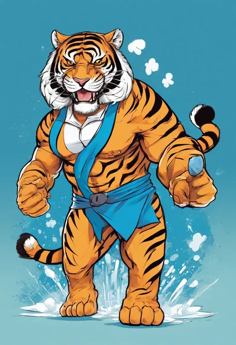 um personagem para desenho sendo um ((tigre branco)) , usando uma ((camisa azul)), smiling and with open arms, para desenhos animados