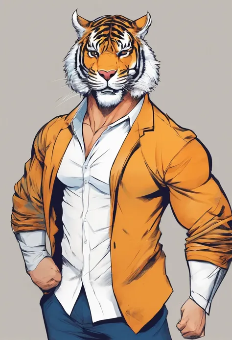 um personagem para desenho sendo um ((tigre branco)) , usando uma ((camisa azul)), smiling and with open arms, para desenhos animados