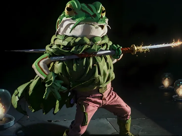 1animal(frog), skate, holding a fire sword, wearing pink underwear, absurdres, high res, ultrasharp, 8k, masterpiece