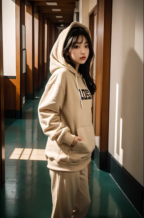 there is a woman standing in a hallway with a picture on the wall, girl wearing hoodie, she is wearing streetwear, black haired ...