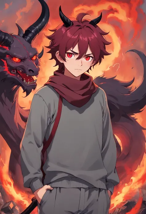 A young demon man of 17 years with medium dark red hair very messy with black horns on the forehead very dark red eyes a gray apocalypse style long sleeve blouse a scarf with a gray long pants with a tired and lazy look a relaxed posture holding a lava scy...