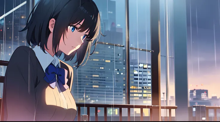 masterpiece, best quality, 1girl, solo, short black hair, hairpin, with blue eyes, rain, city, school uniform, sky, close up, building