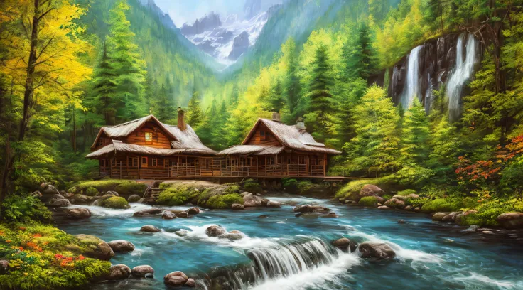 painting of a cabin in a mountain stream with a waterfall, 4 k oil painting, beautiful oil matte painting, oil painting 4 k, oil...