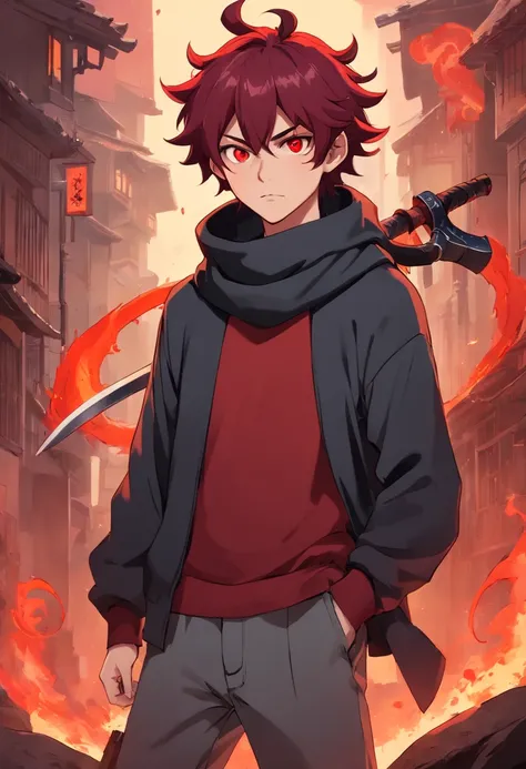 A young demon man of 17 years with big dark red hair very messy with small black horns on the forehead very dark red eyes with black sclera a gray long sleeve sweatshirt with black apocalypse style details a scarf with a long gray pants look tired and lazy...