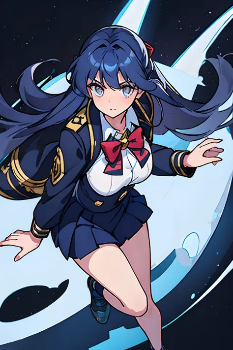 A  girl, Navy blue skirt, white  shirt, Dark blue jacket, gray stockings and shoes, a large red and crimson bow on the chest and a gold bracelet on the left arm, Long and neatly styled blue hair, Bright amber eyes, Lush long eyelashes,