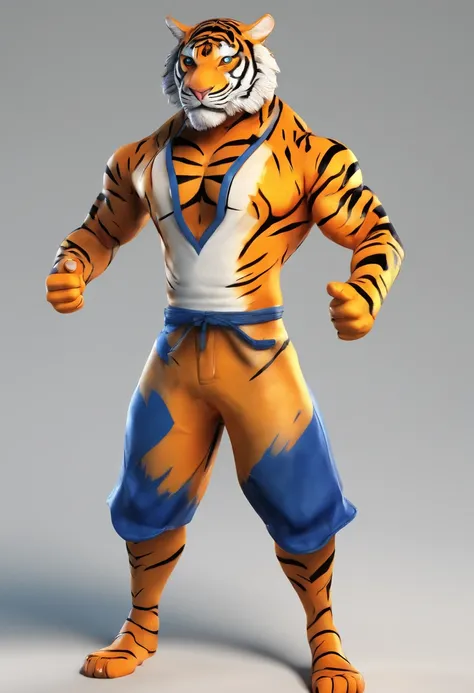 um personagem para desenho sendo um (((tigre branco))) , usando uma ((camisa azul)), smiling and with open arms, para desenhos animados