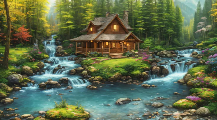 painting of a cabin in a mountain stream with a waterfall, 4 k oil painting, beautiful oil matte painting, oil painting 4 k, oil painting 4k, cottage in the forest, beautiful oil painting on canvas, beautiful digital painting, smooth oil painting, beautifu...