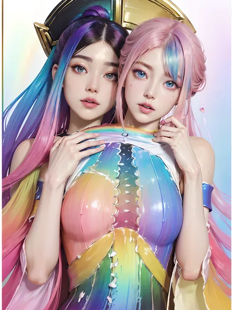 (SFW、masuter piece、Best Quality、masutepiece、top-quality、Top image quality、extremely beautiful lady)、(Pink fashion T-shirt:1.9)、(colourful hair:1.8)、(all the colours of the rainbow:1.8)、((((Vertical Painting:1.6)))、(Painterly:1.6)、frontage、comic strip、illus...