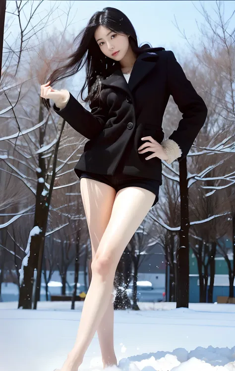 A Japanese Lady、beauitful face、二重まぶた、Big eyes、Long Black Hair、Black coat、Micro shorts、beauty legs、Raw feet、long legged、tall、model poses、Oyuki、snow blowing、snow cover、Wind-tousled hair、heavy wind