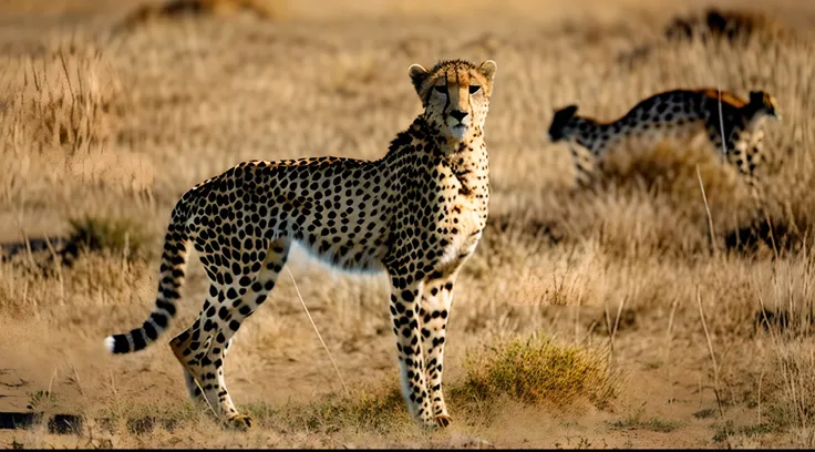 One cheetah casing a gazelle through the dry African Savannah in cinematic afternoon light and ultra realistic detail, vivid color