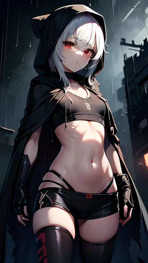 Girl in a deep hood, black тканевый рваный dilapidated cloak, torn cloak, Under the raincoat is a tight suit with a V-neck on the chest, open belly, wide hips, Only red eyes are visible from under the hood, Dark background, ciberpunk, Shadow Girl,