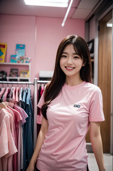 there is a woman standing in a store with a pink shirt, captured on canon eos r 6, shot on canon eos r 5, shot on canon eos r5, ...