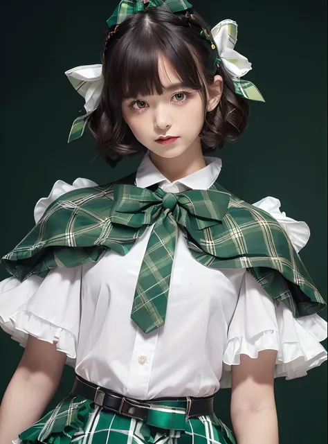 (Open Short Cape:1.2), ((bow ribbon, frilld):1.3), (Green tartan plaid:1.3), ((White collar, tie):1.3), (Short sleeve:1.2), ((frills skirt, Multi-layer skirt):1.3), (fishnet tights:1.2), (hand armor:1.2), (X Hair Ornament, Hairpin),