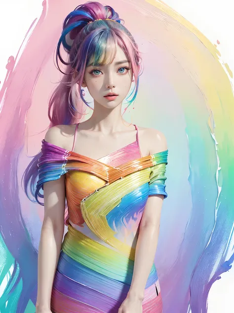 (SFW、masuter piece、Best Quality、masutepiece、top-quality、Top image quality、extremely beautiful lady)、(Pink fashion T-shirt:1.9)、(colourful hair:1.8)、(all the colours of the rainbow:1.8)、((((Vertical Painting:1.6)))、(Painterly:1.6)、frontage、comic strip、illus...