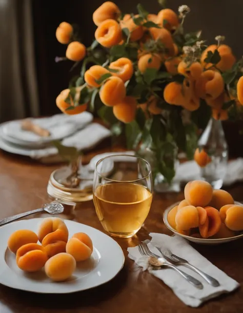 At the dinner table
1 glass of apricot wine
Some ripe apricots
1 wildflower
A few plates of simple food，A bottle of fine honey